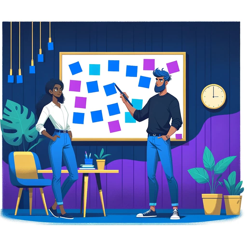 Colorful illustration of a young man and woman in a stylish office environment, discussing a project in front of a whiteboard covered with blue and purple sticky notes. The man is holding a tablet and pointing to the board, while the woman listens attentively.
