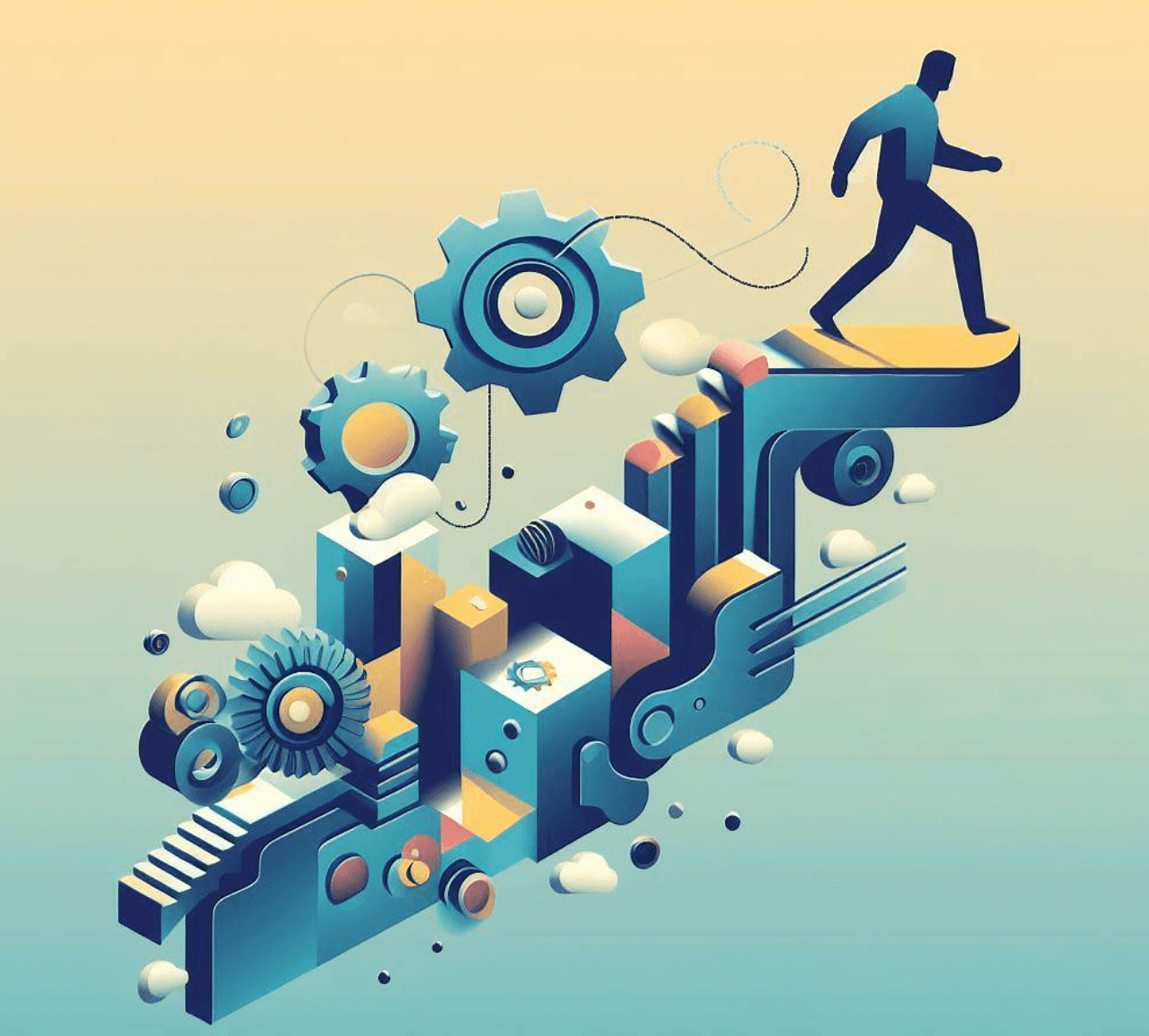 Knolling image of a man walking up a steps to represent upskilling at work.