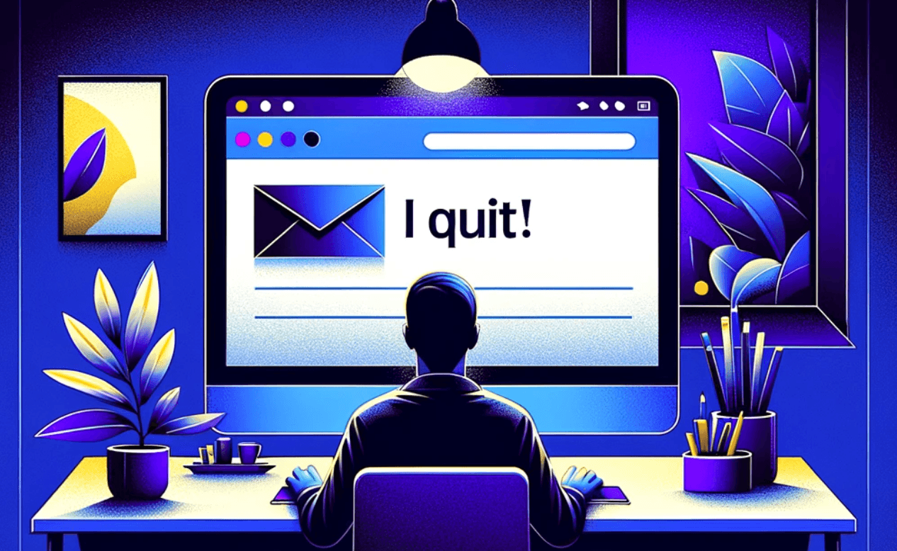 AI image of a man sitting at a desk writing an "I quit" email