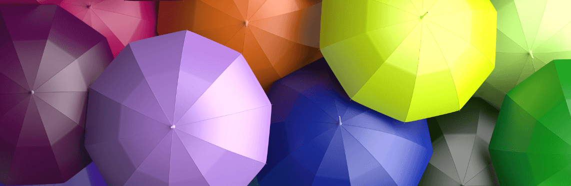Featured image on growing employee resource groups with multi-colored umbrellas from a top view.