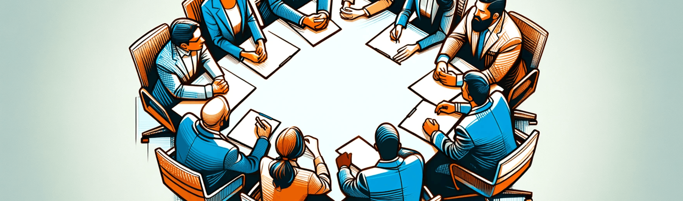 Drawn image of people sitting around a table discussing ERG budget guidelines.