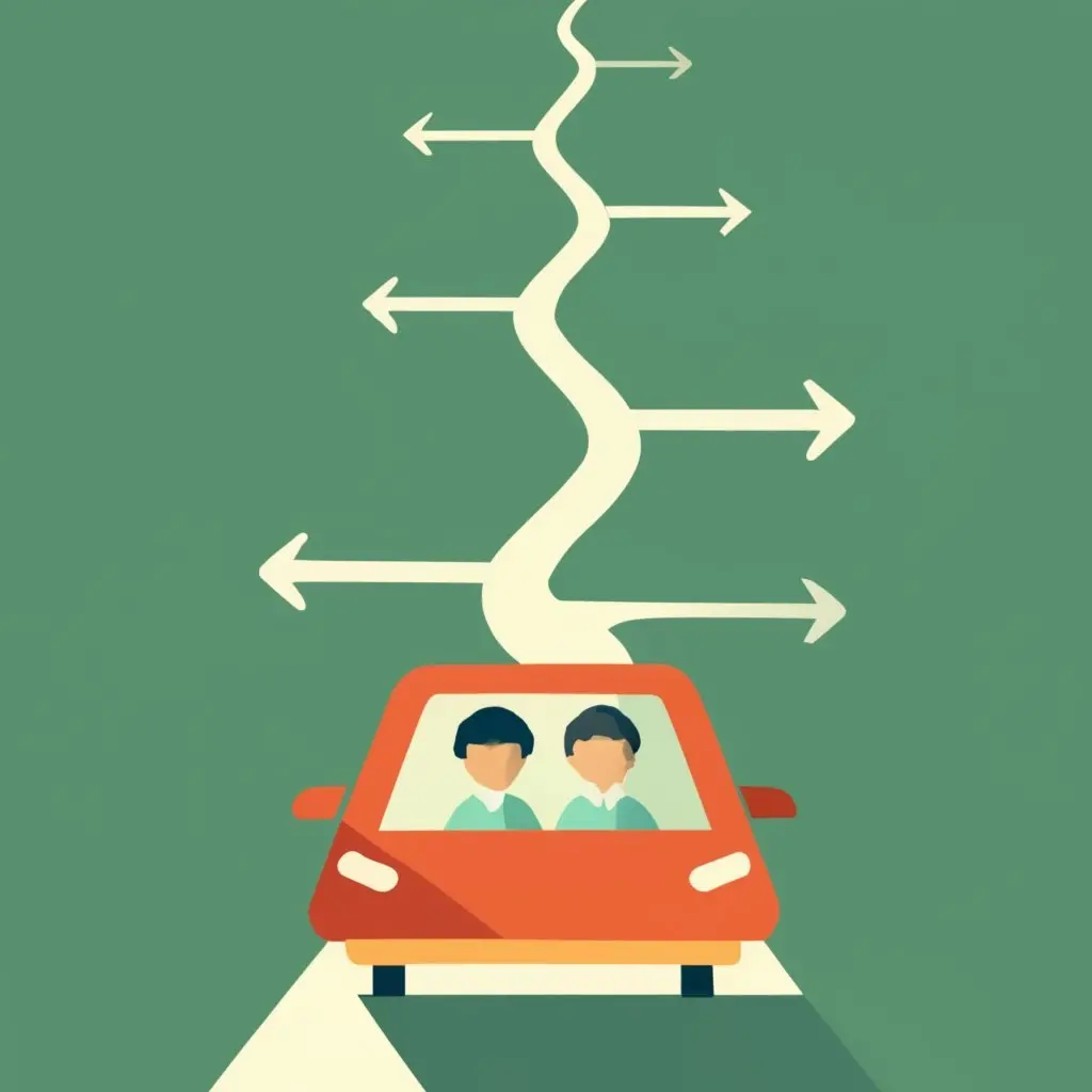 Image of a car with a driver and passenger on a road with multiple branching directions. 