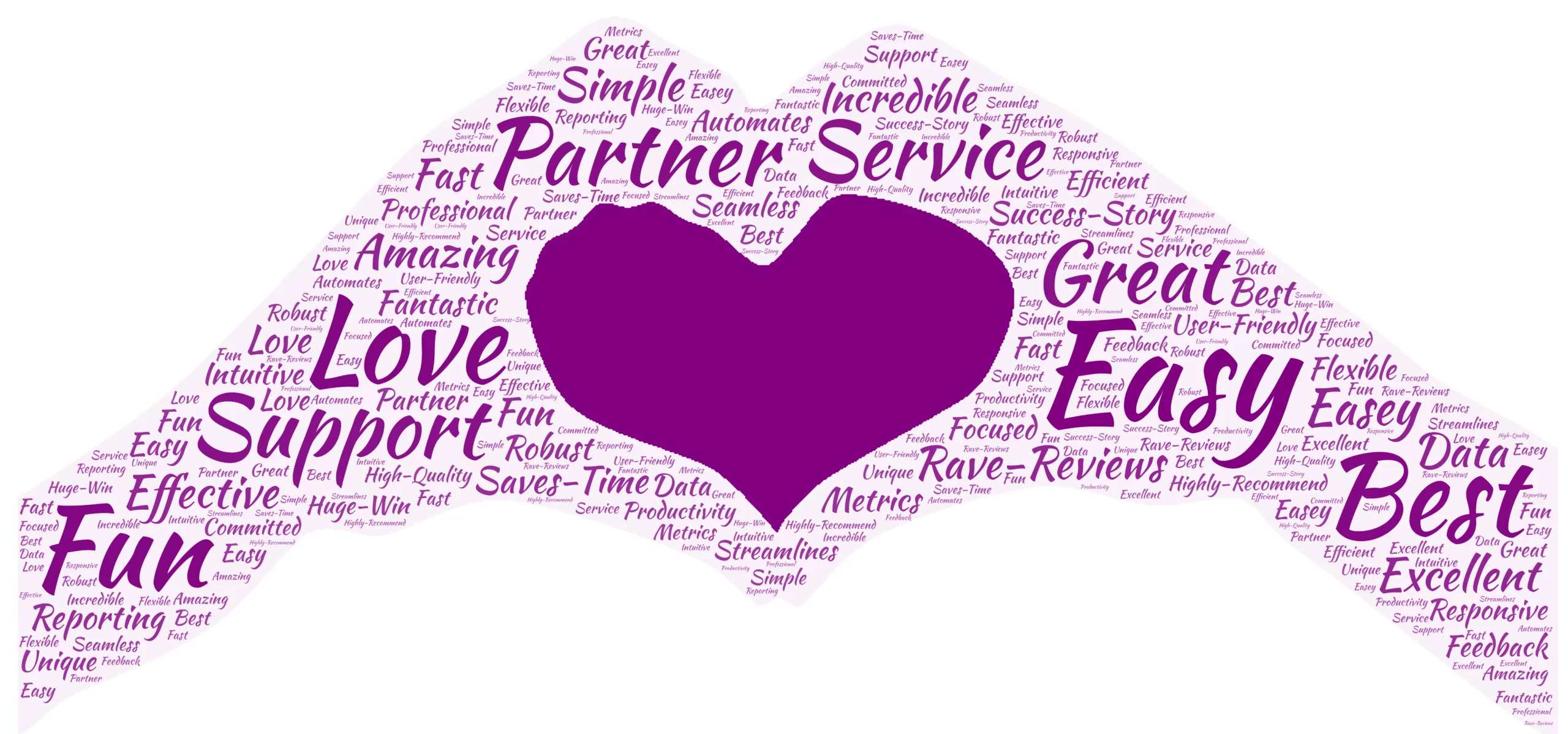 #Customer Love - MentorcliQ Customer Reviews made into a graphic of hands shaping a heart in purple.