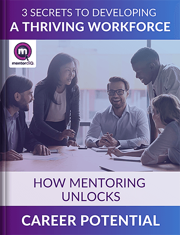 E-Book cover with coworkers discussing, titled 3 Secrets to Developing a Thriving Workforce.