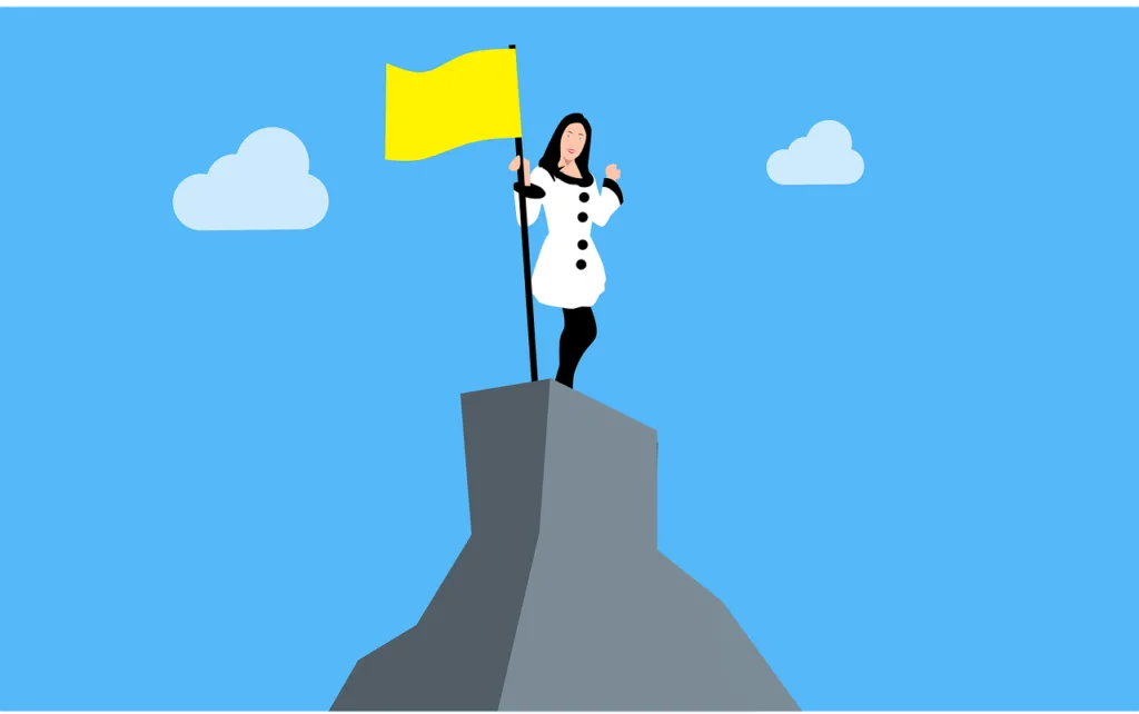 Cartoon woman placing a flag on a hill for leadership development. 