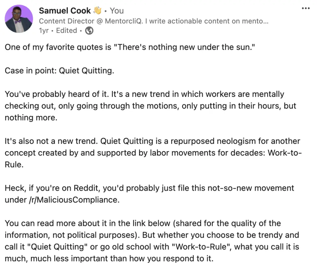 Samuel Cook LinkedIn Post on Quiet Quitting.