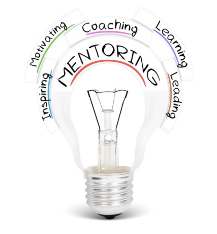 Image of a light bulb with the word mentoring across it. The words  Motivating, Coaching, Learning, Leading and Inspiring surround the top of light bulb.