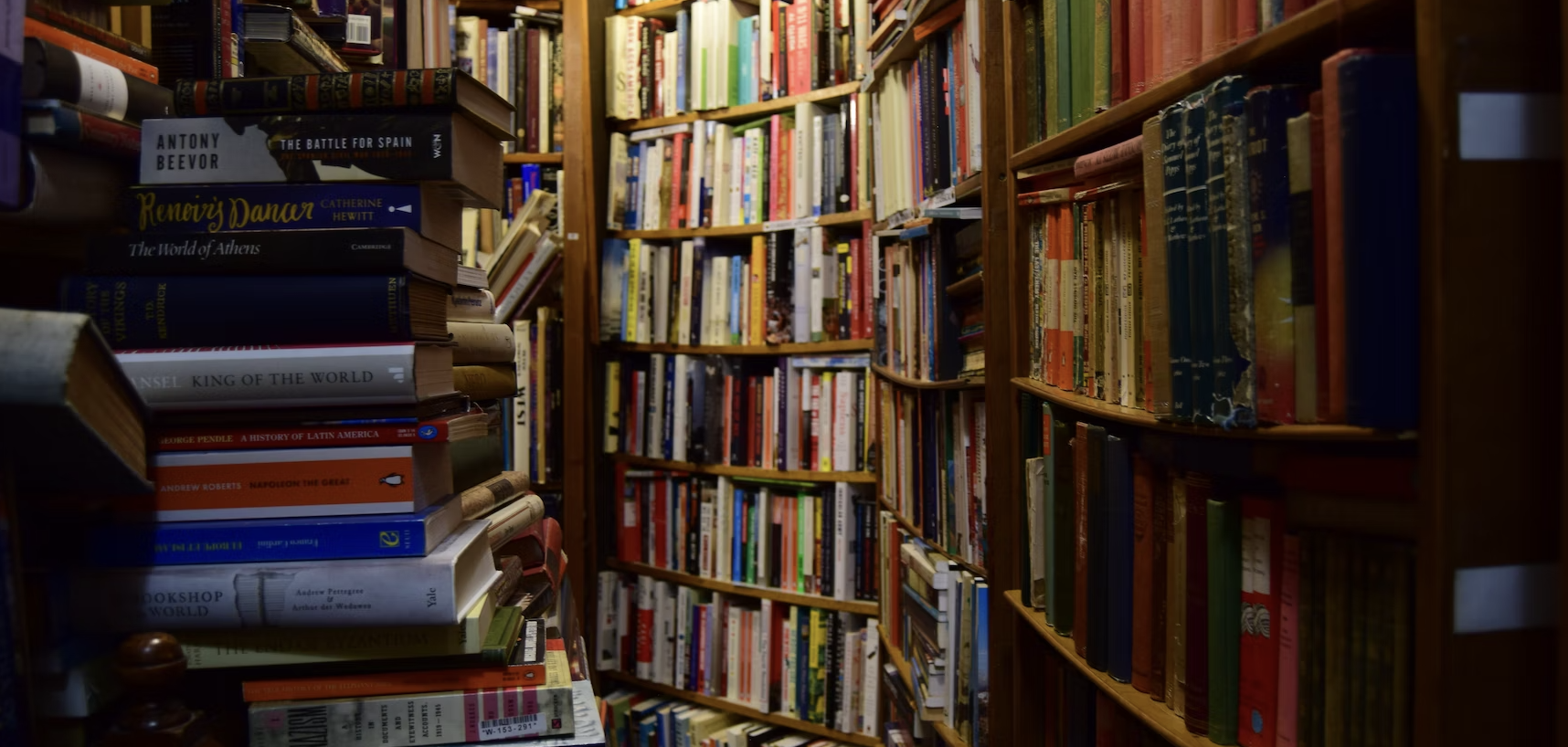 Hundreds of books on a book shelves.