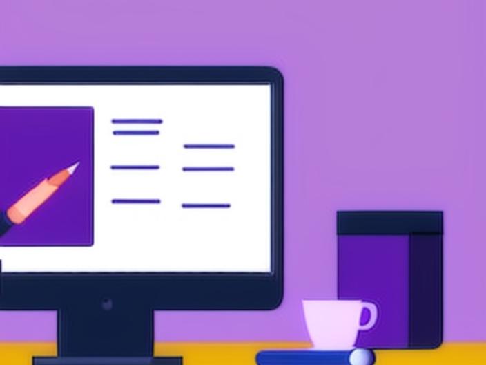 Cartoon image of learning at work from home with coffee cup on the side and a purple background behind a computer screen. 