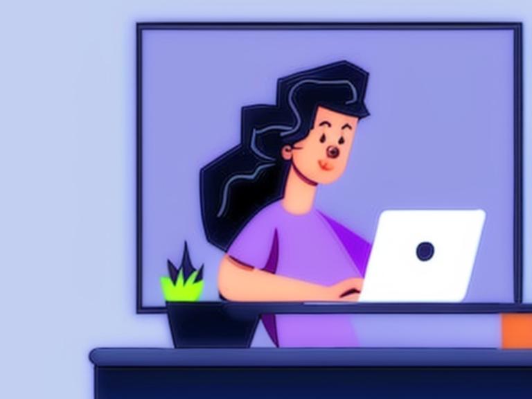 Cartoon woman learning at work on a laptop using a standing desk