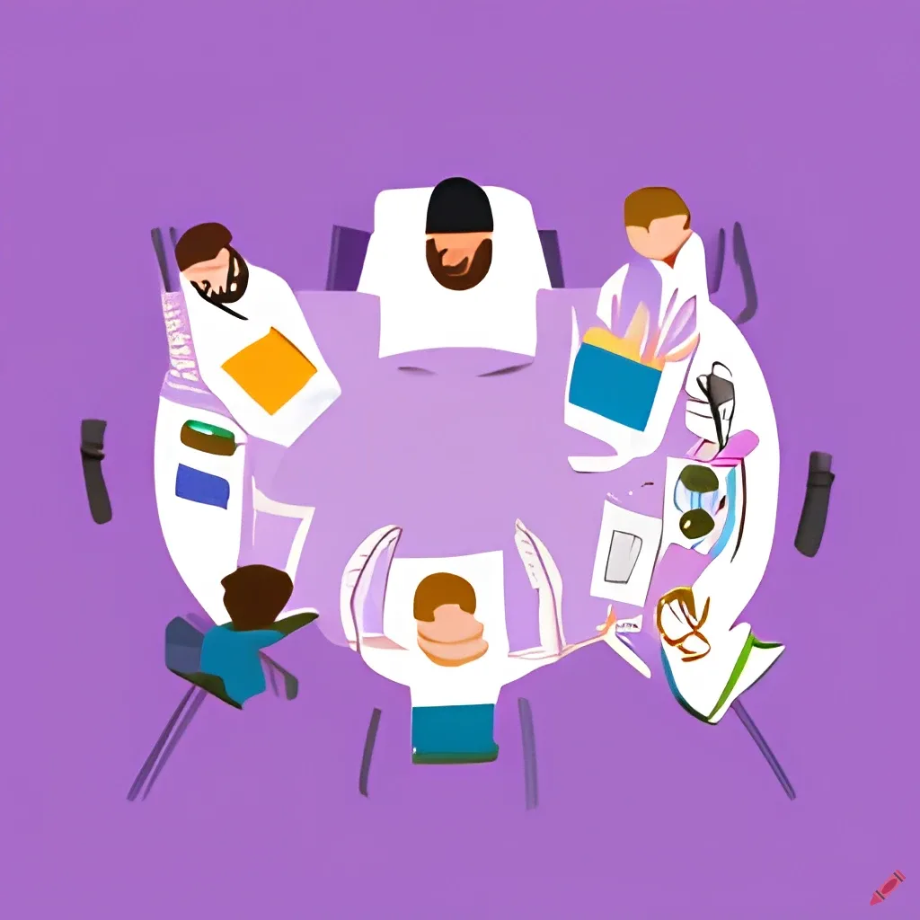 Cartoon image of employees sitting around a table working in the process of improving mentoring program engagement.