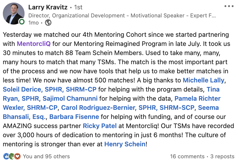 LinkedIn Post Henry Schein explaining how matching software rapidly increasing matching and eliminated bad mentoring matches. 