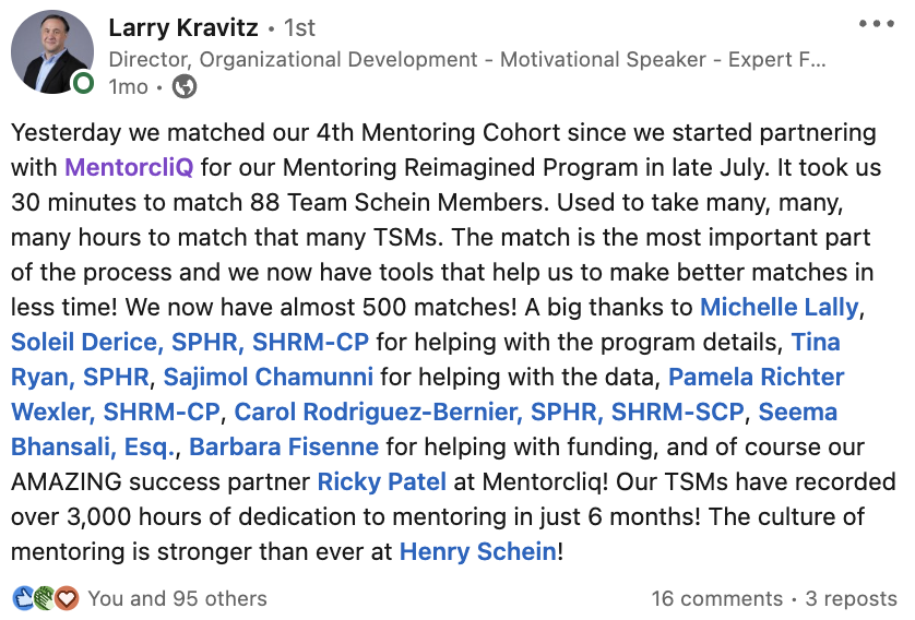 Career Mentoring: Critical Elements for Success 8 LinkedIn Post Henry Schein on mentoring and career mentoring development.