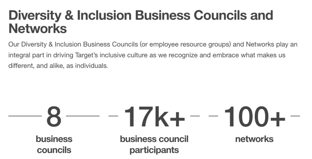 Snapshot of Target's ERGs and business networks as an example of the types of mentoring programs it offers.