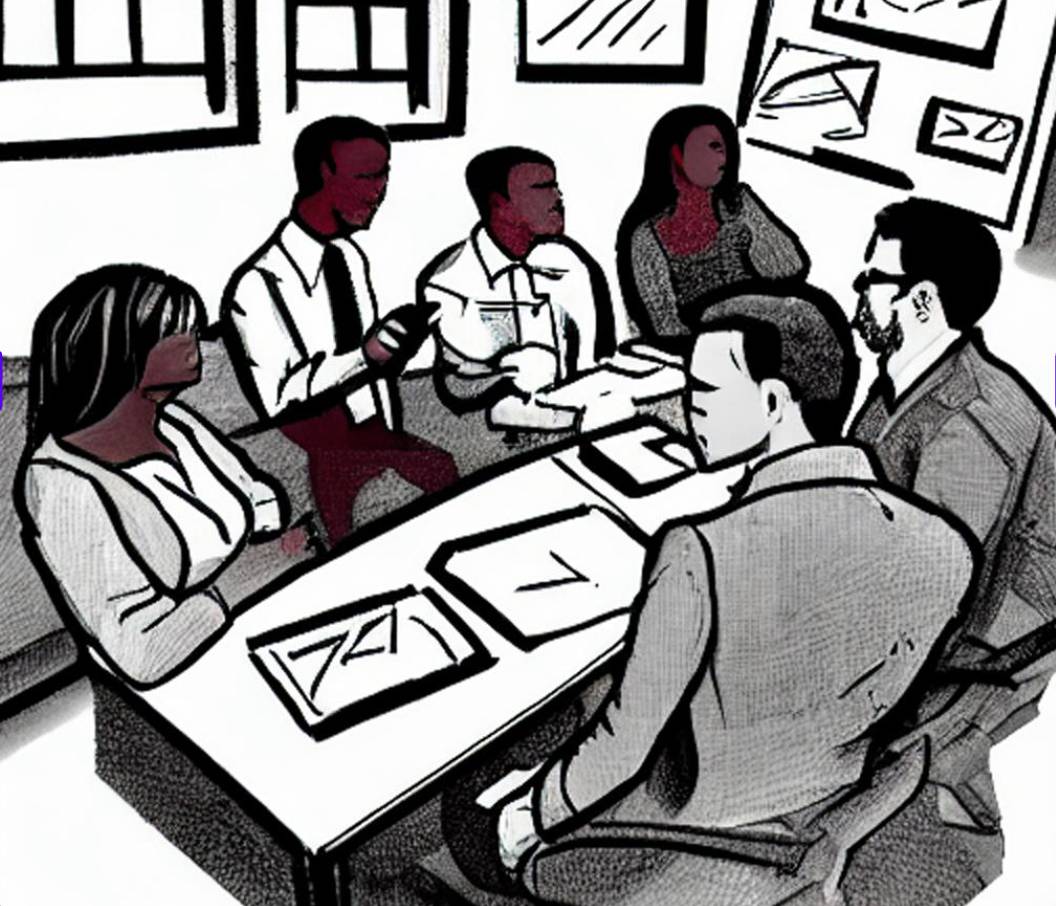 AI-generated image of black employees around a table planning development for different types of mentoring programs.