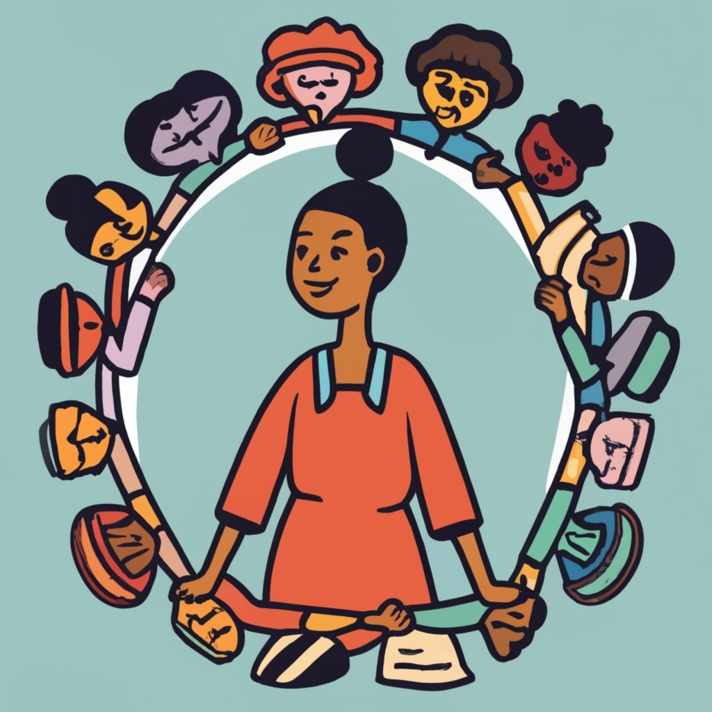 Drawn image of a woman of color standing in a circle of other people representing psychological safety in the workplace.