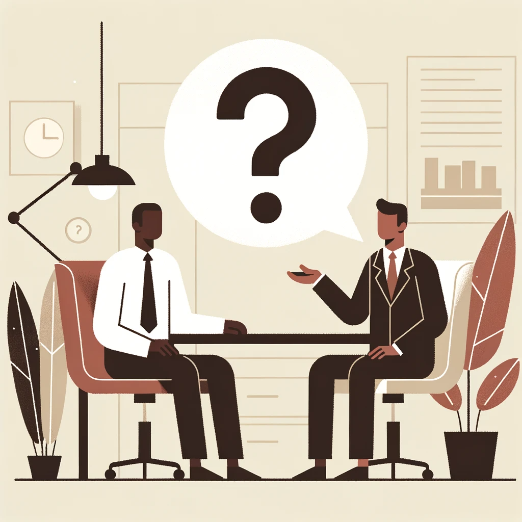 50+ Mentorship Program Questions for Mentors and Mentees 4 Drawn mage of two men talking in a mentoring relationship. One is asking a mentorship question, shown as a question mark in a comment bubble.