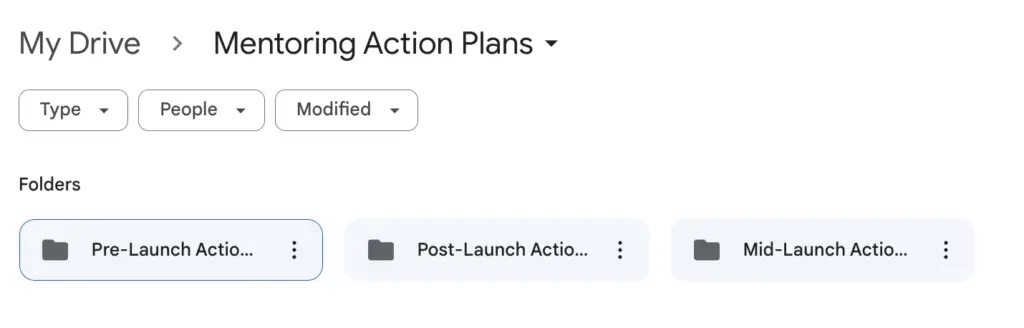 Image of Google Drive Mentoring Action Plan folders