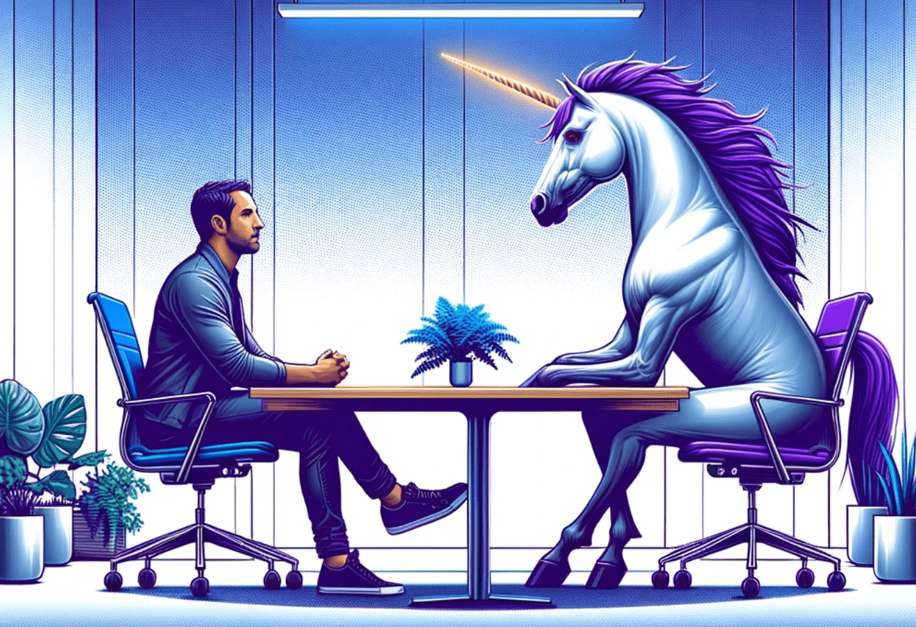 A man and a unicorn sitting across from each other in discussion.