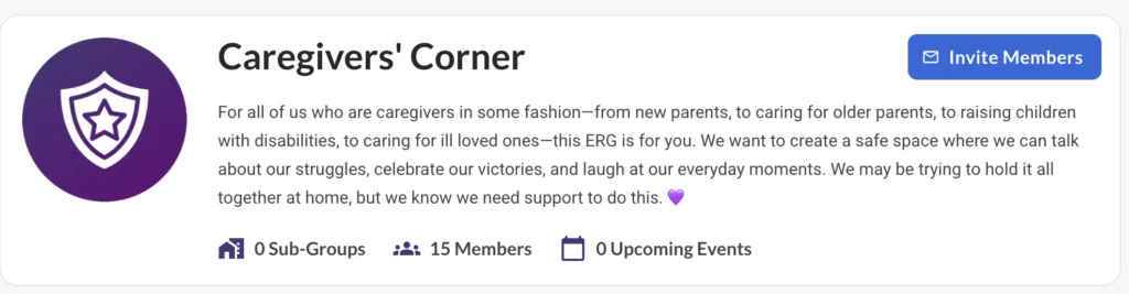 An example of the Caregivers' Corner ERG MentorcliQ offers to employees through the CommunityCliQ platform.
