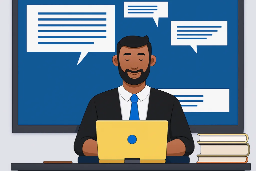 Benefits of Job Shadowing: Why Observational Learning Is the Key to Career Advancement 5 An AI image of a man working at a computer with messages popping up behind him.