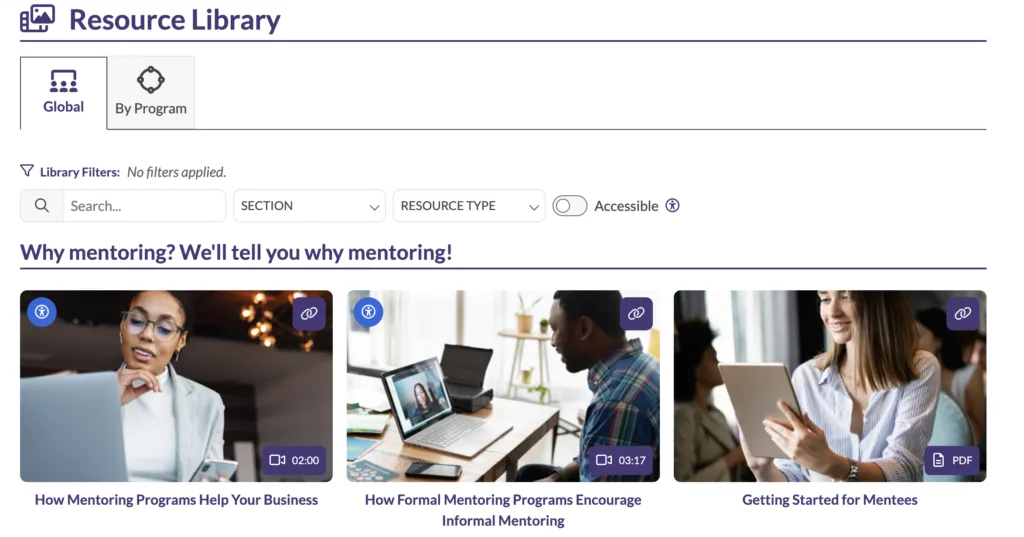An image of MentorcliQ's Resource Library, a section containing digitized institutional knowledge