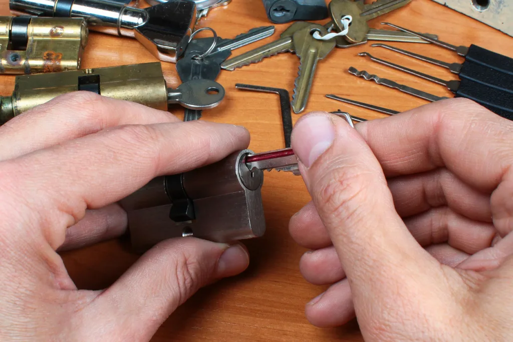 A MentorcliQ Lock Picking Experience 2 Locksmith workshop. Keys, locks and picklocks on the table.